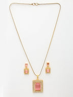 NVR Women Gold-Polished Pink American Diamond-Studded Pendant Set with Ring