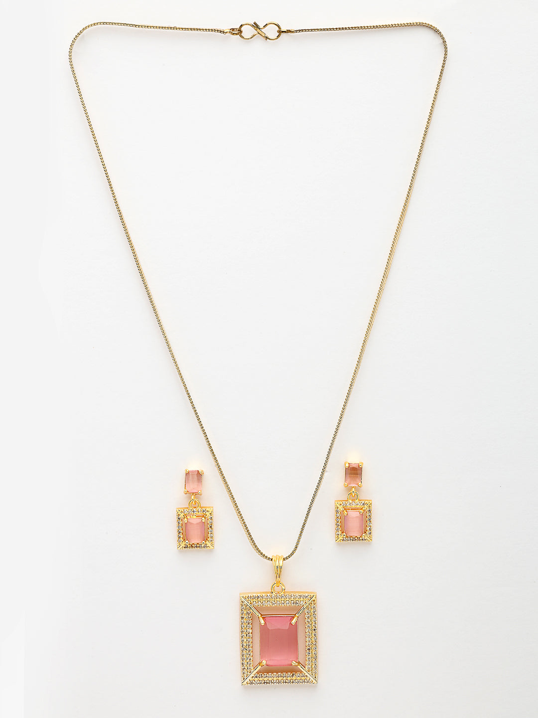 NVR Women Gold-Polished Pink American Diamond-Studded Pendant Set with Ring