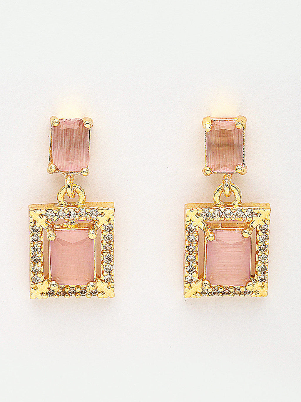 NVR Women Gold-Polished Pink American Diamond-Studded Pendant Set with Ring