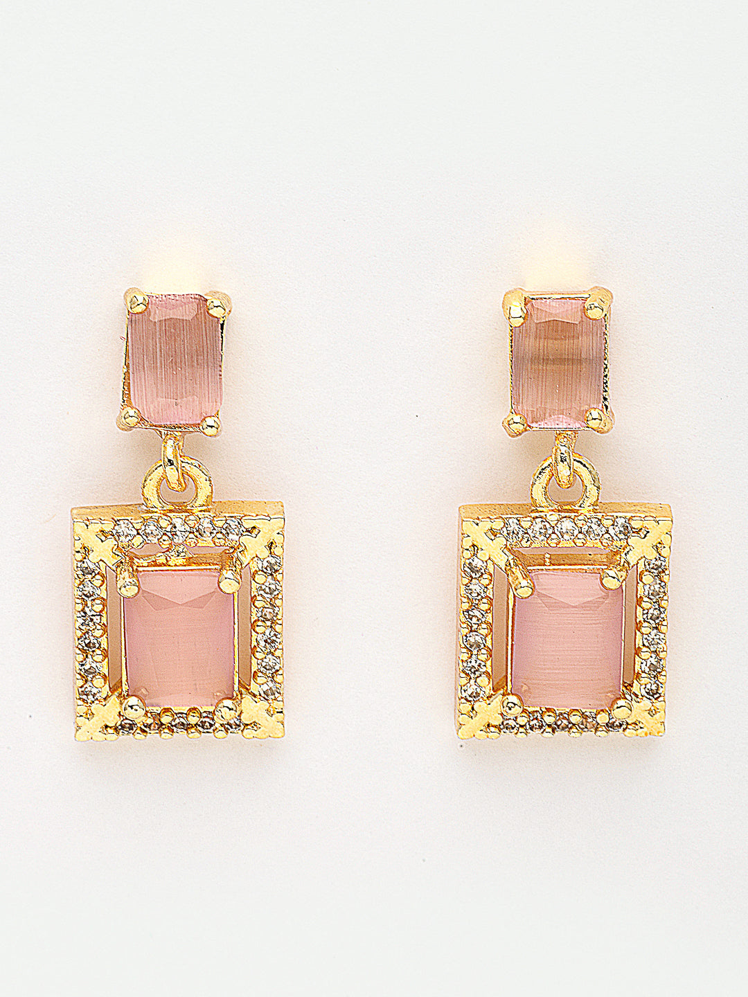 NVR Women Gold-Polished Pink American Diamond-Studded Pendant Set with Ring