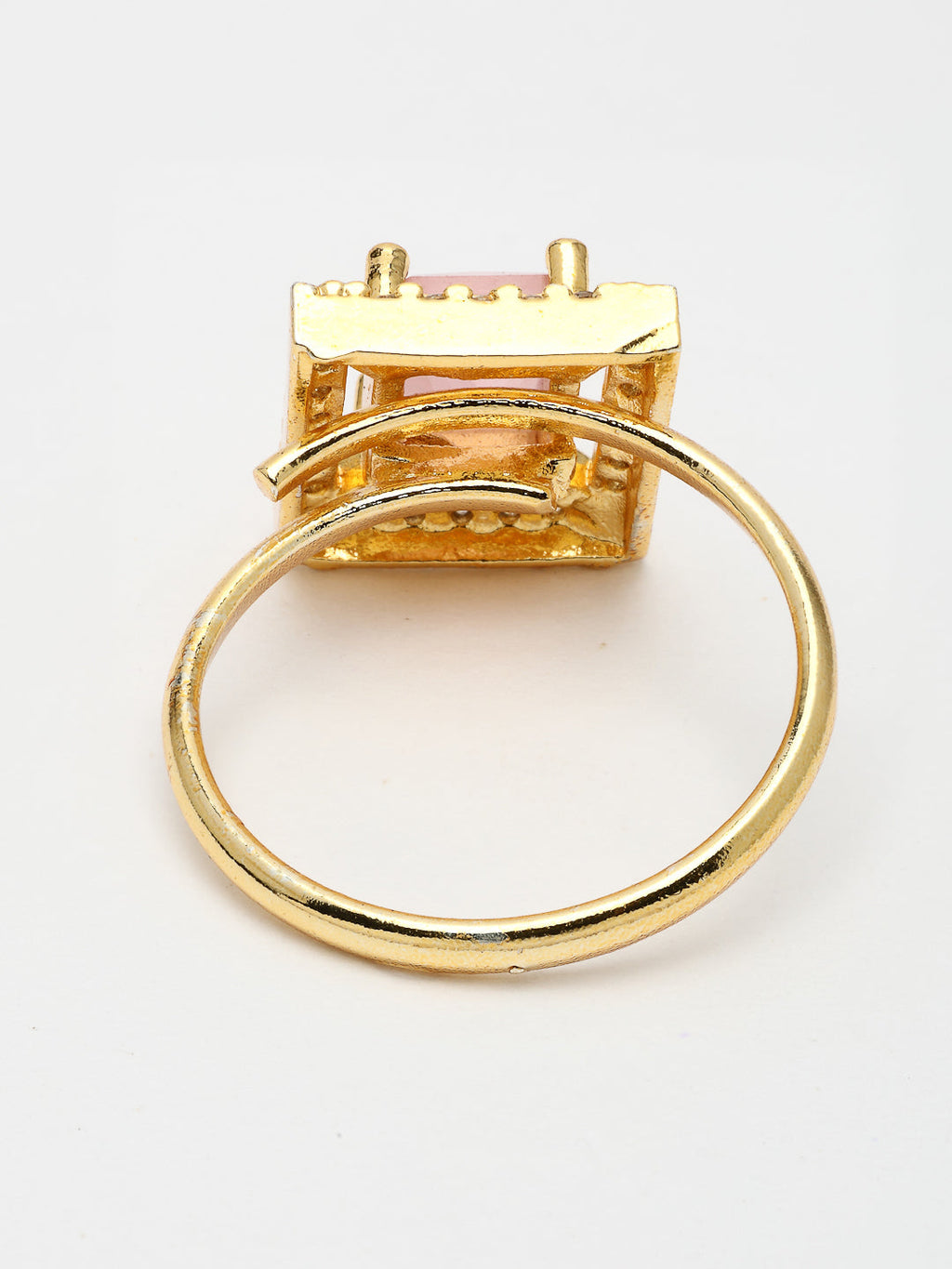 NVR Women Gold-Polished Pink American Diamond-Studded Pendant Set with Ring