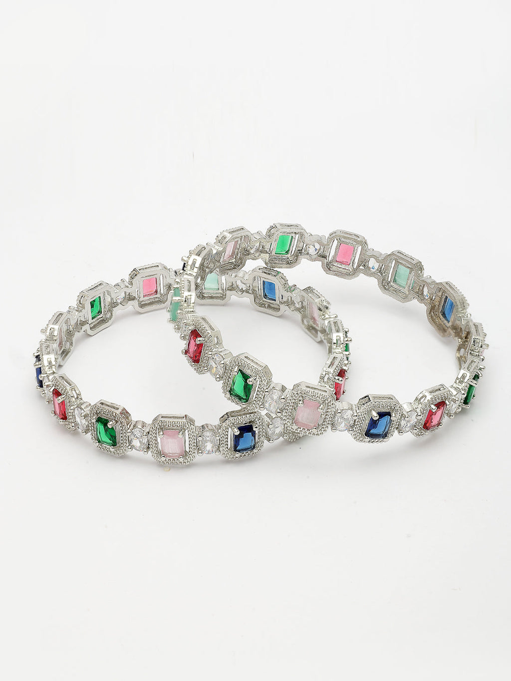 NVR Women's Set of 2 Multicolor Silver-Plated American Diamond Studded Bangles - Distacart