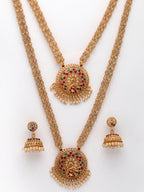 NVR Women's Set of 2 Gold-Polished Red & Green Stone Studded Peacock Design Temple Jewellery Set
