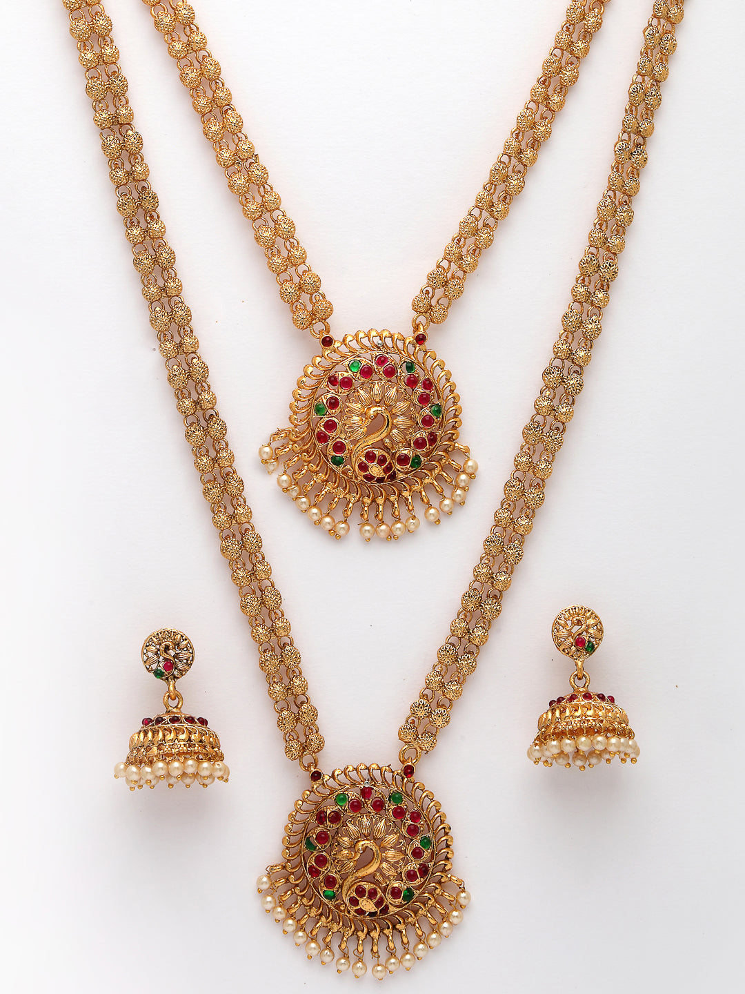NVR Women's Set of 2 Gold-Polished Red & Green Stone Studded Peacock Design Temple Jewellery Set
