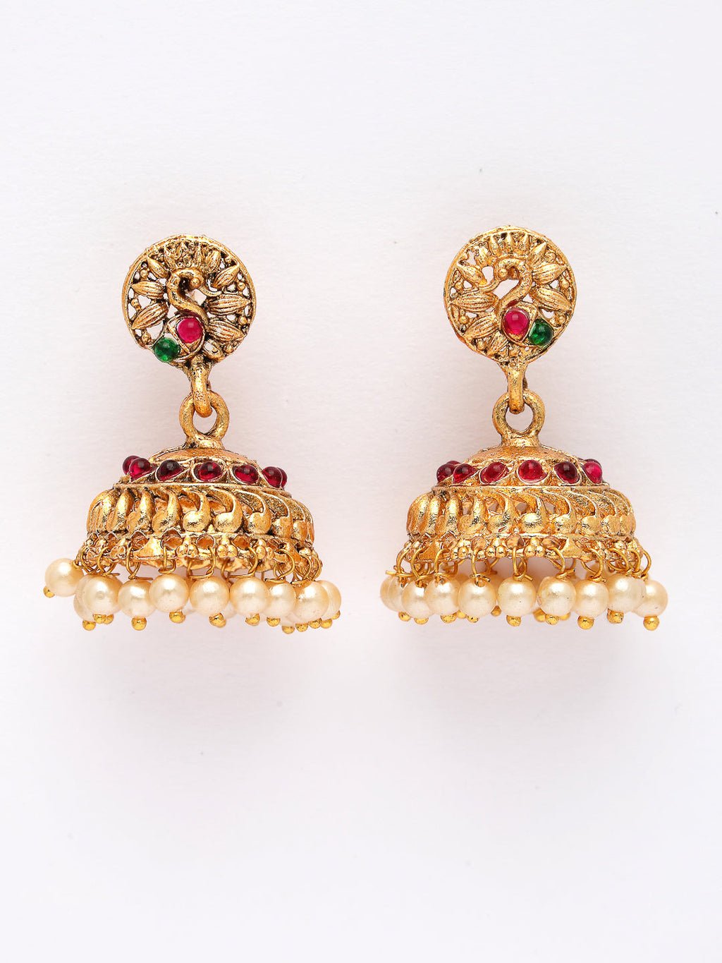 NVR Women's Set of 2 Gold-Polished Red & Green Stone Studded Peacock Design Temple Jewellery Set