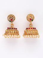 NVR Women's Set of 2 Gold-Polished Red & Green Stone Studded Peacock Design Temple Jewellery Set