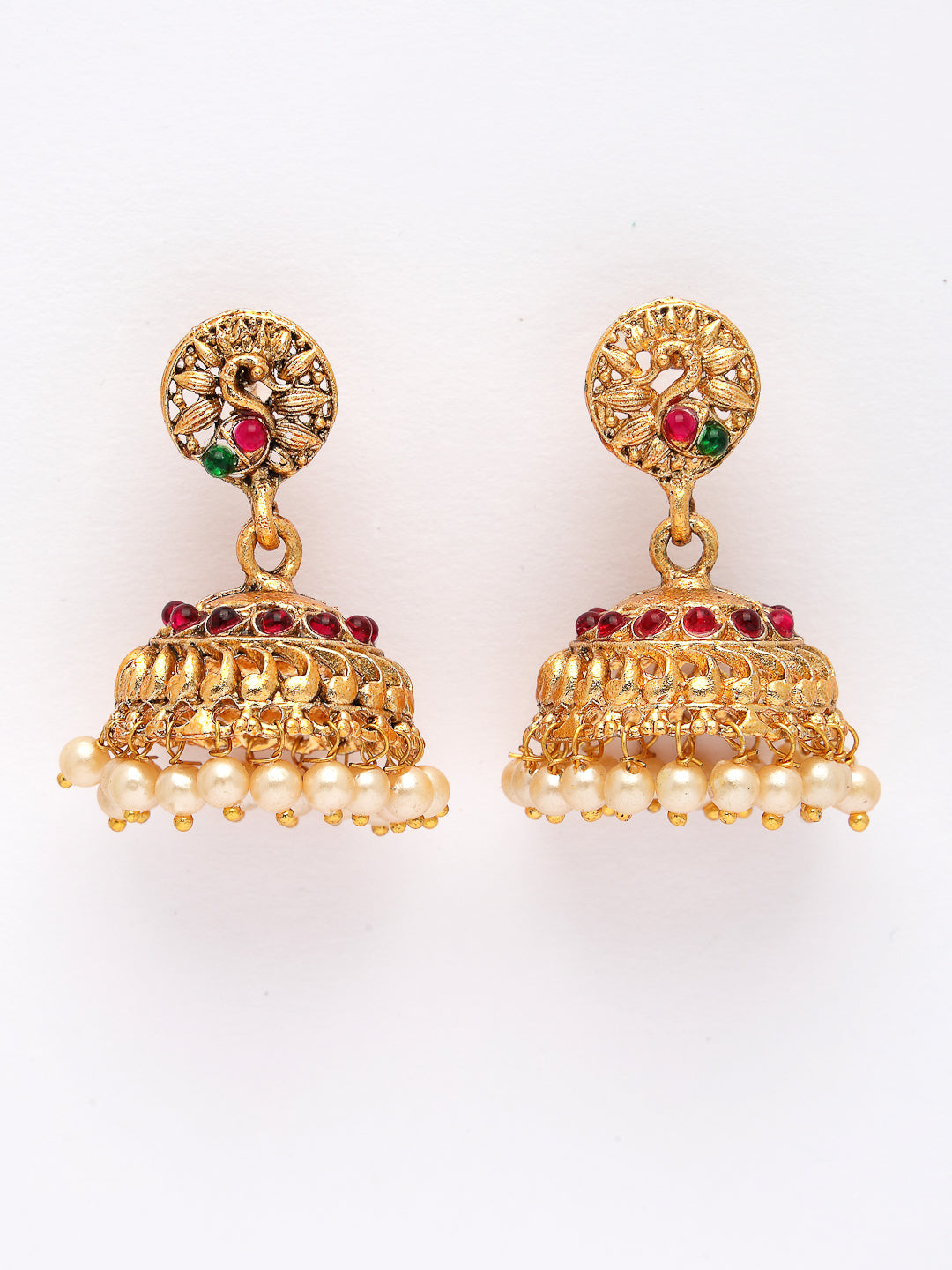 NVR Women's Set of 2 Gold-Polished Red & Green Stone Studded Peacock Design Temple Jewellery Set