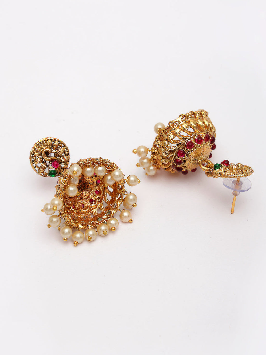 NVR Women's Set of 2 Gold-Polished Red & Green Stone Studded Peacock Design Temple Jewellery Set