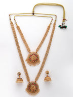 NVR Women's Set of 2 Gold-Polished Red & Green Stone Studded Peacock Design Temple Jewellery Set