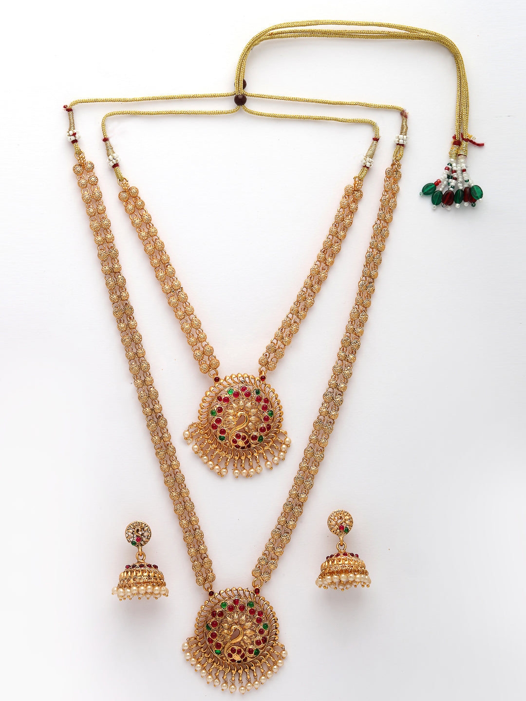 NVR Women's Set of 2 Gold-Polished Red & Green Stone Studded Peacock Design Temple Jewellery Set