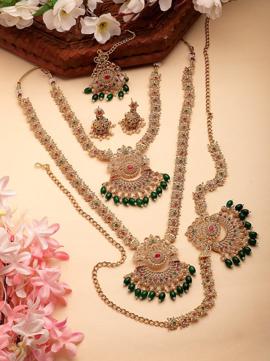 NVR Women's Set of 2 Gold-Polished Stone Studded Temple Jewellery Set with Maangtikka & Kamarbandh