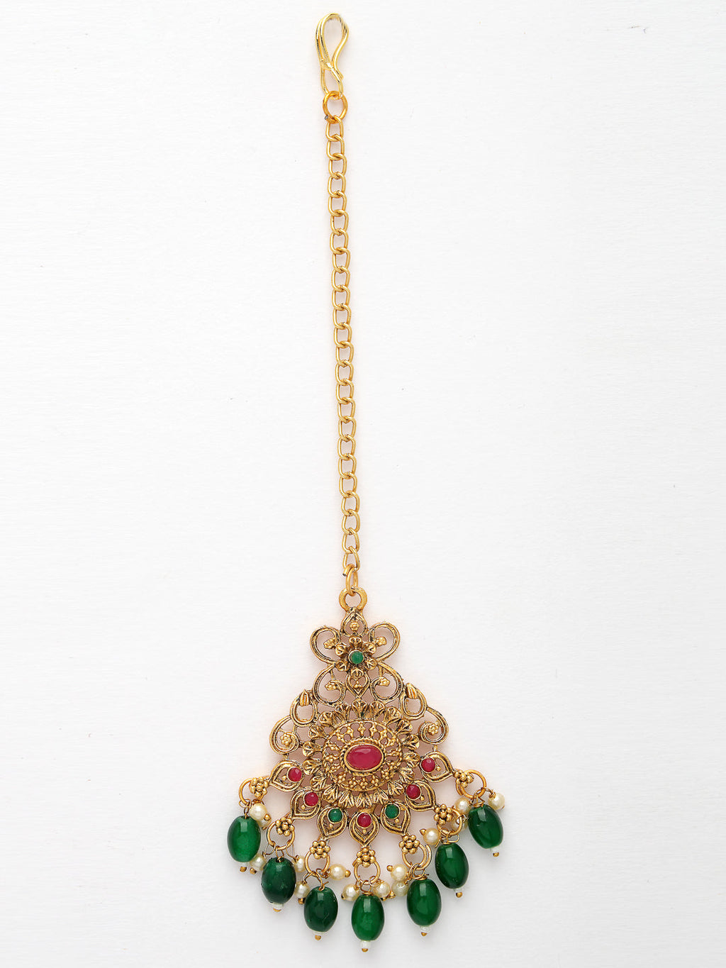 NVR Women's Set of 2 Gold-Polished Stone Studded Temple Jewellery Set with Maangtikka & Kamarbandh