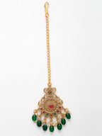 NVR Women's Set of 2 Gold-Polished Stone Studded Temple Jewellery Set with Maangtikka & Kamarbandh