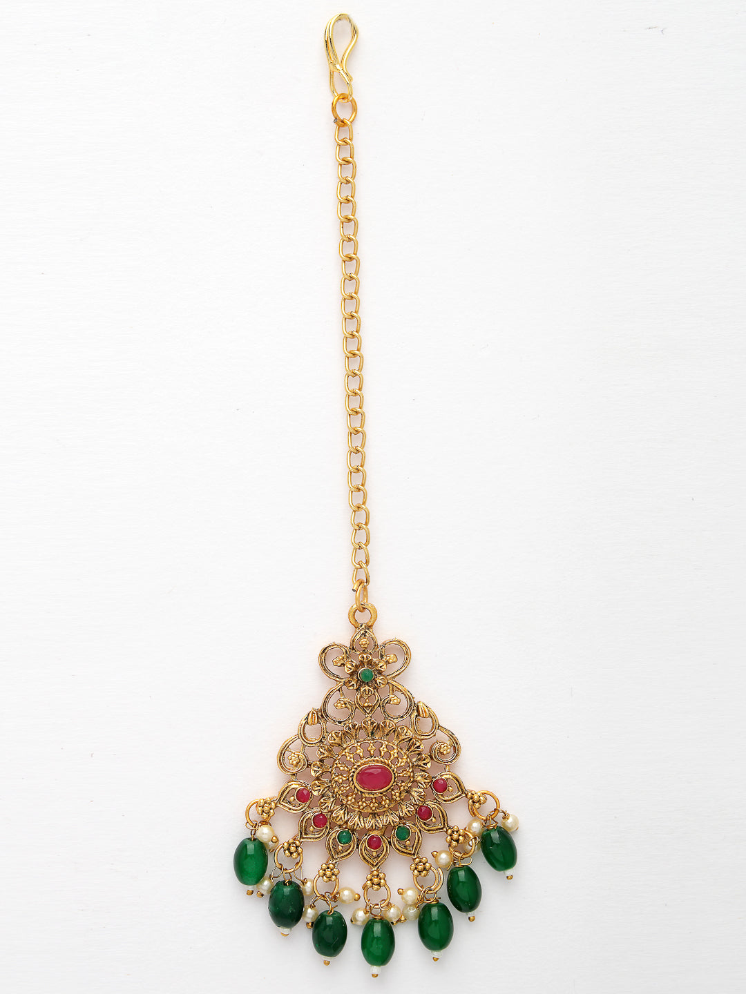 NVR Women's Set of 2 Gold-Polished Stone Studded Temple Jewellery Set with Maangtikka & Kamarbandh