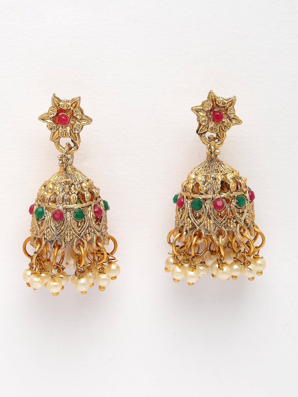 NVR Women's Set of 2 Gold-Polished Stone Studded Temple Jewellery Set with Maangtikka & Kamarbandh