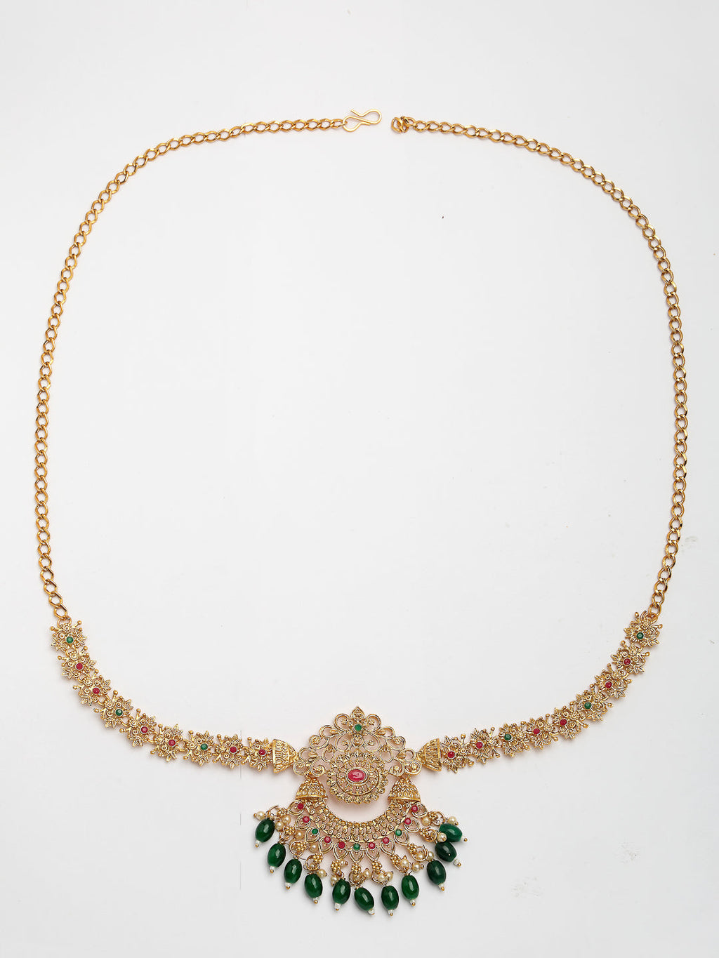 NVR Women's Set of 2 Gold-Polished Stone Studded Temple Jewellery Set with Maangtikka & Kamarbandh