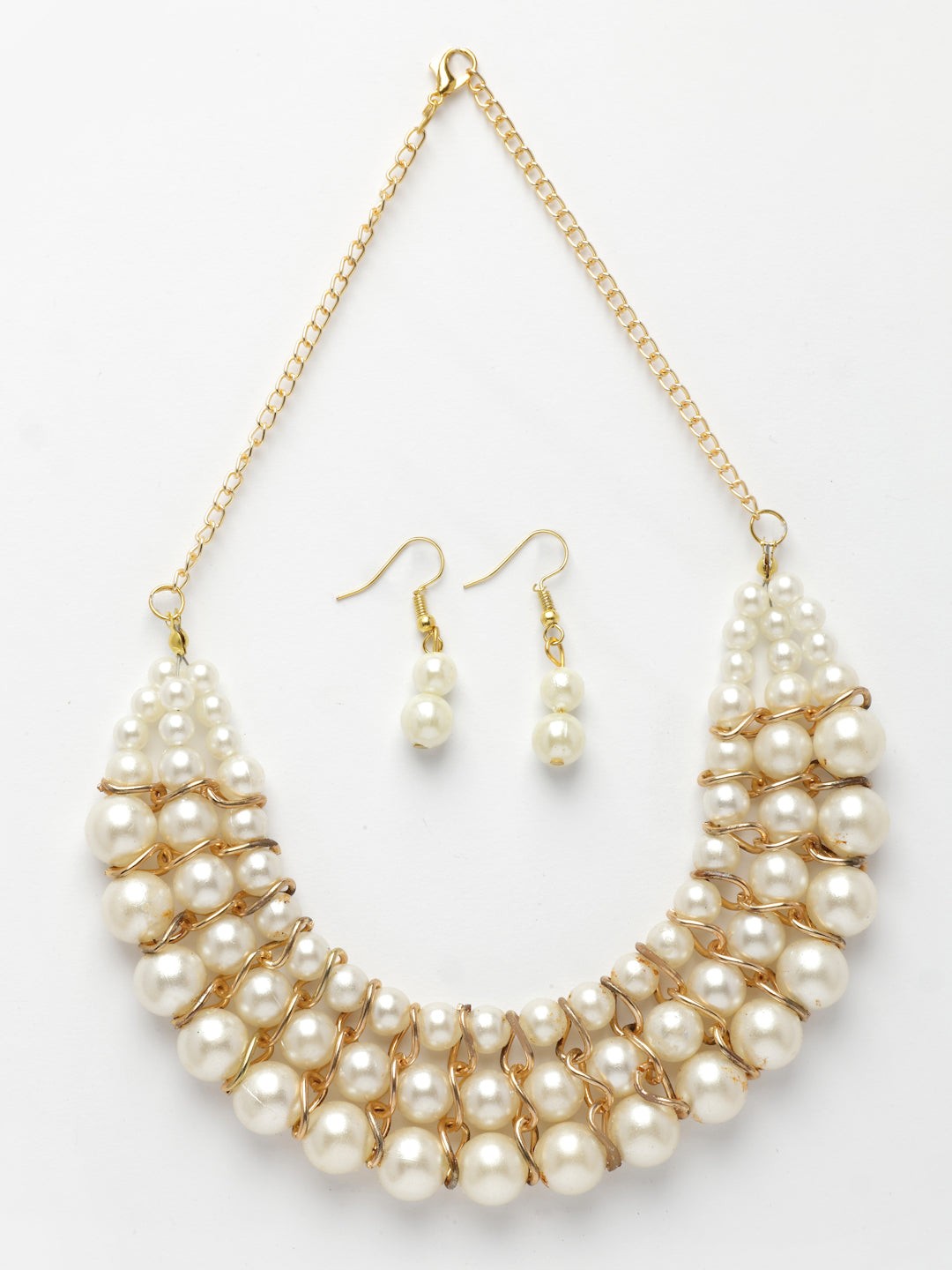 NVR Women's Gold-Polished White Pearl-Beaded Handcrafted Jewellery Set