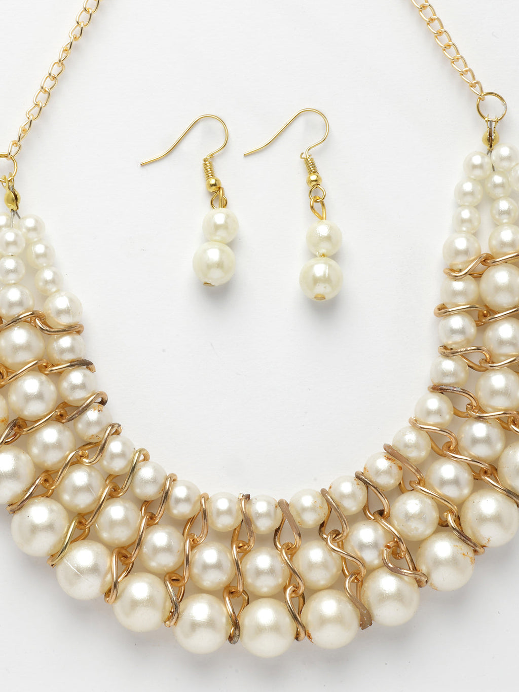 NVR Women's Gold-Polished White Pearl-Beaded Handcrafted Jewellery Set