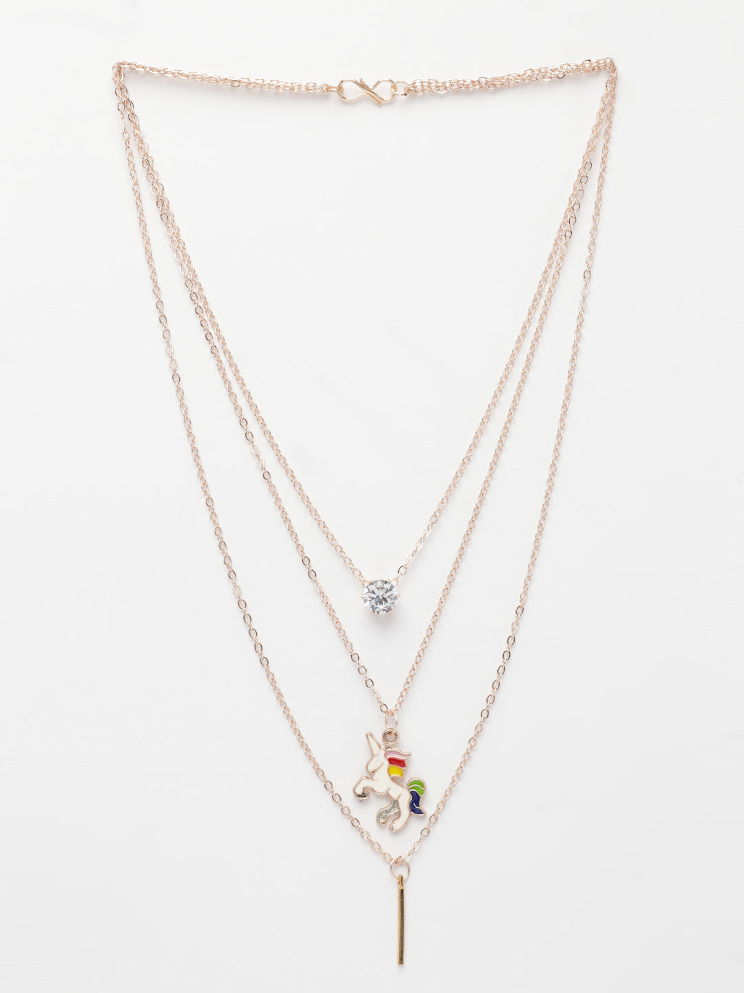 NVR Women's Rose Gold-Polished Artificial Stones Unicorn Layered Chain