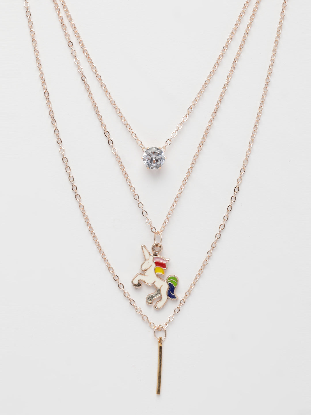 NVR Women's Rose Gold-Polished Artificial Stones Unicorn Layered Chain