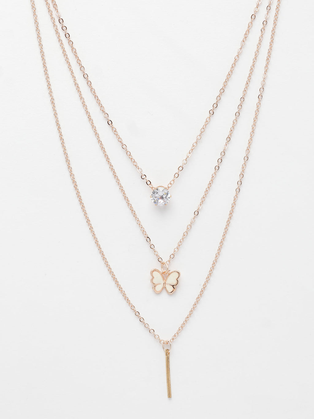 NVR Women's Rose Gold-Polished Artificial Stones Butterfly-shaped Layered Chain