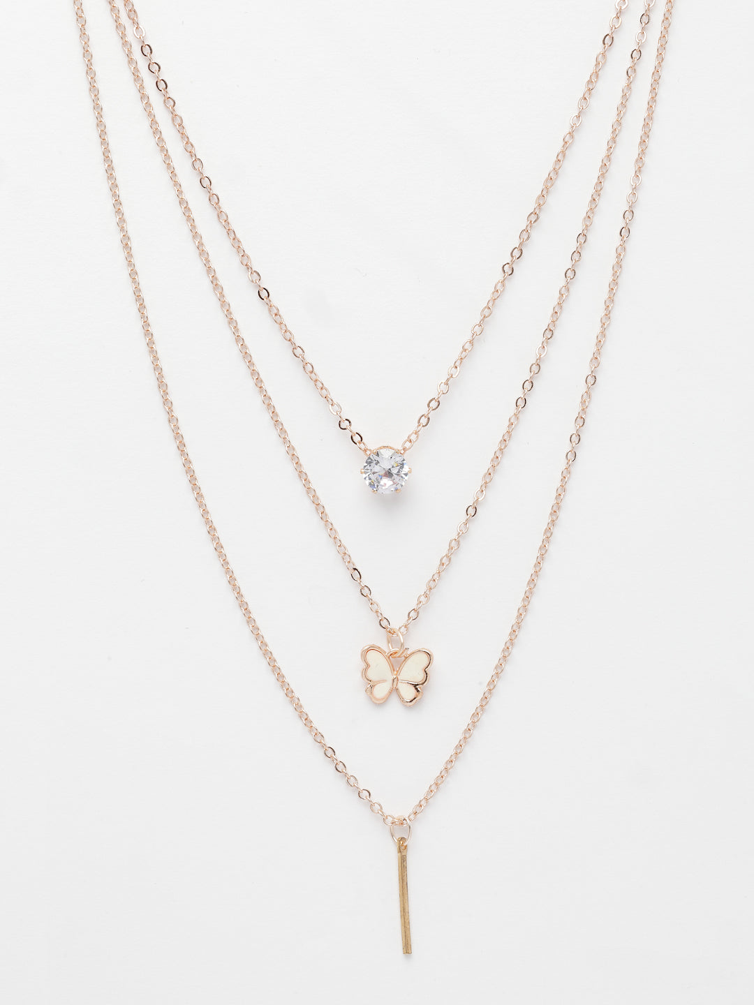 NVR Women's Rose Gold-Polished Artificial Stones Butterfly-shaped Layered Chain