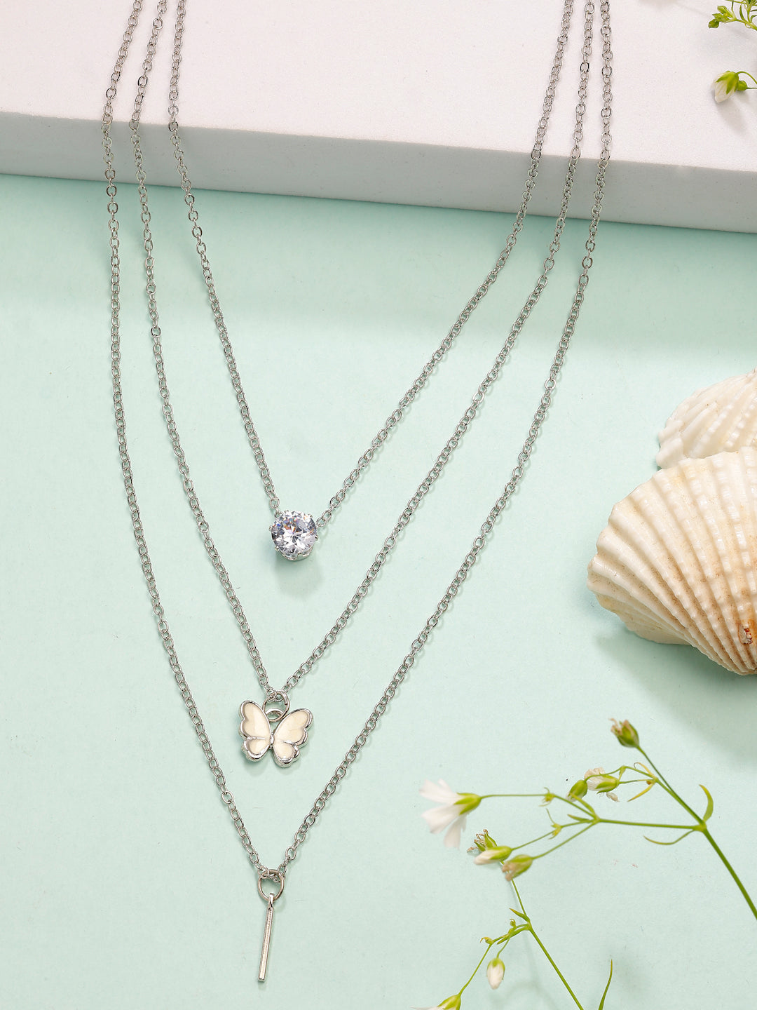 NVR Women's Silver-Toned Artificial Stones Butterfly-shaped Layered Chain