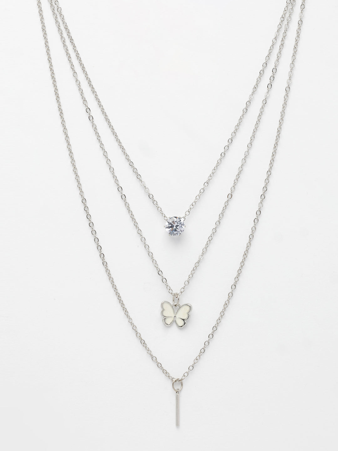 NVR Women's Silver-Toned Artificial Stones Butterfly-shaped Layered Chain