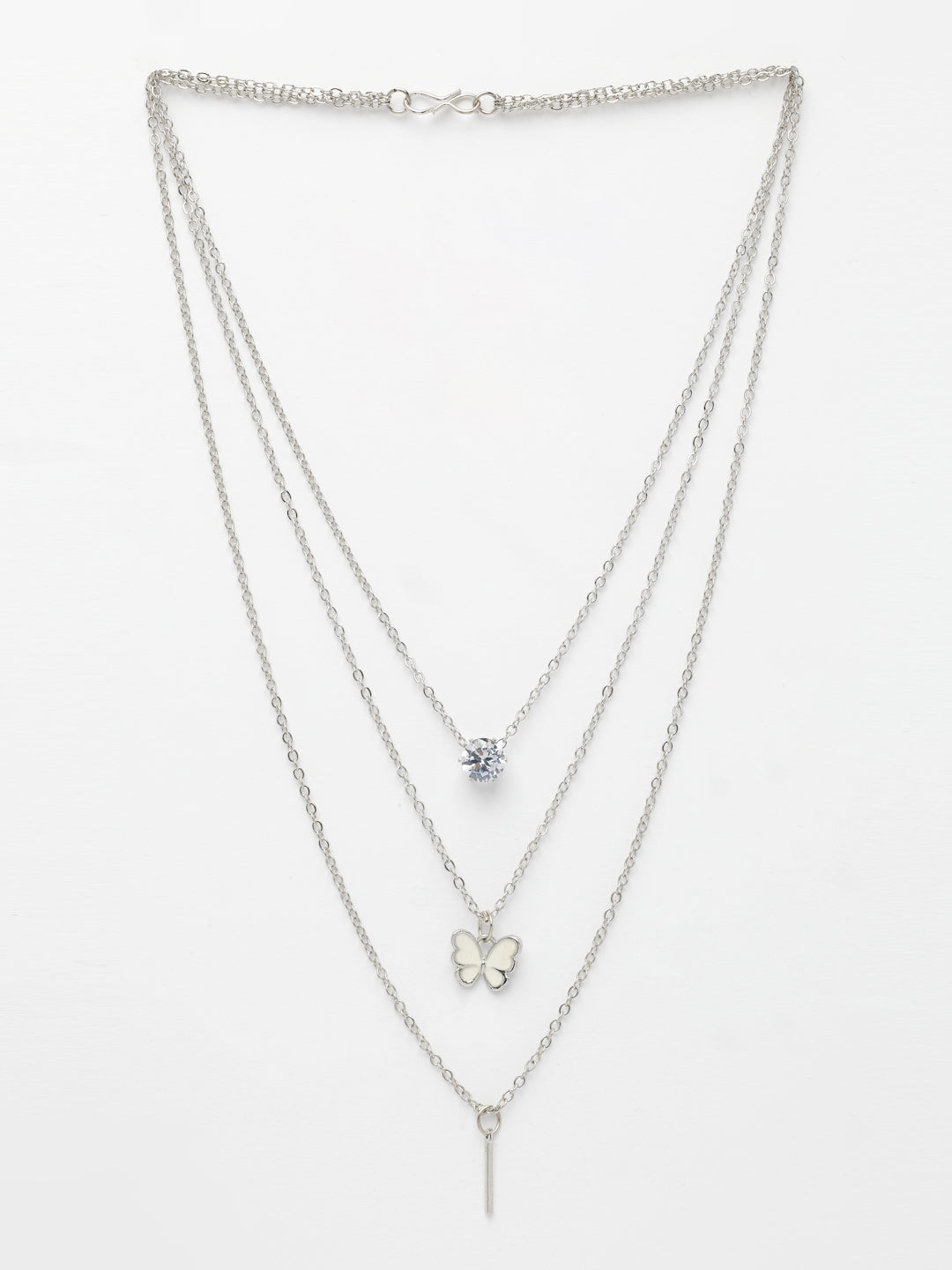 NVR Women's Silver-Toned Artificial Stones Butterfly-shaped Layered Chain