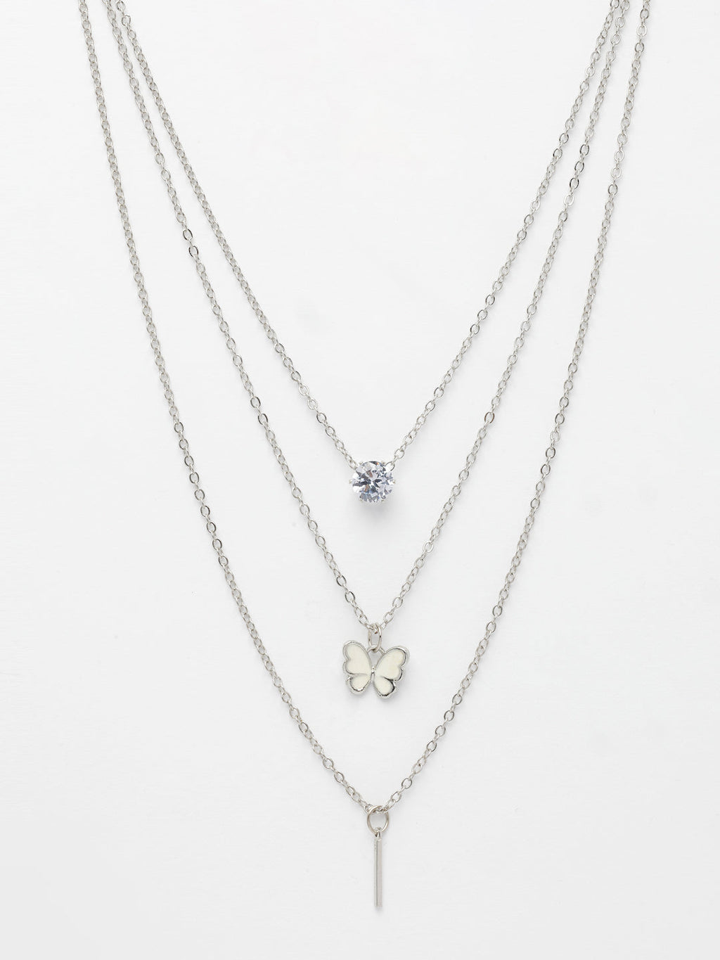 NVR Women's Silver-Toned Artificial Stones Butterfly-shaped Layered Chain