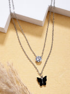 NVR Women's Silver-Toned Artificial Stones Butterfly-shaped Layered Chain