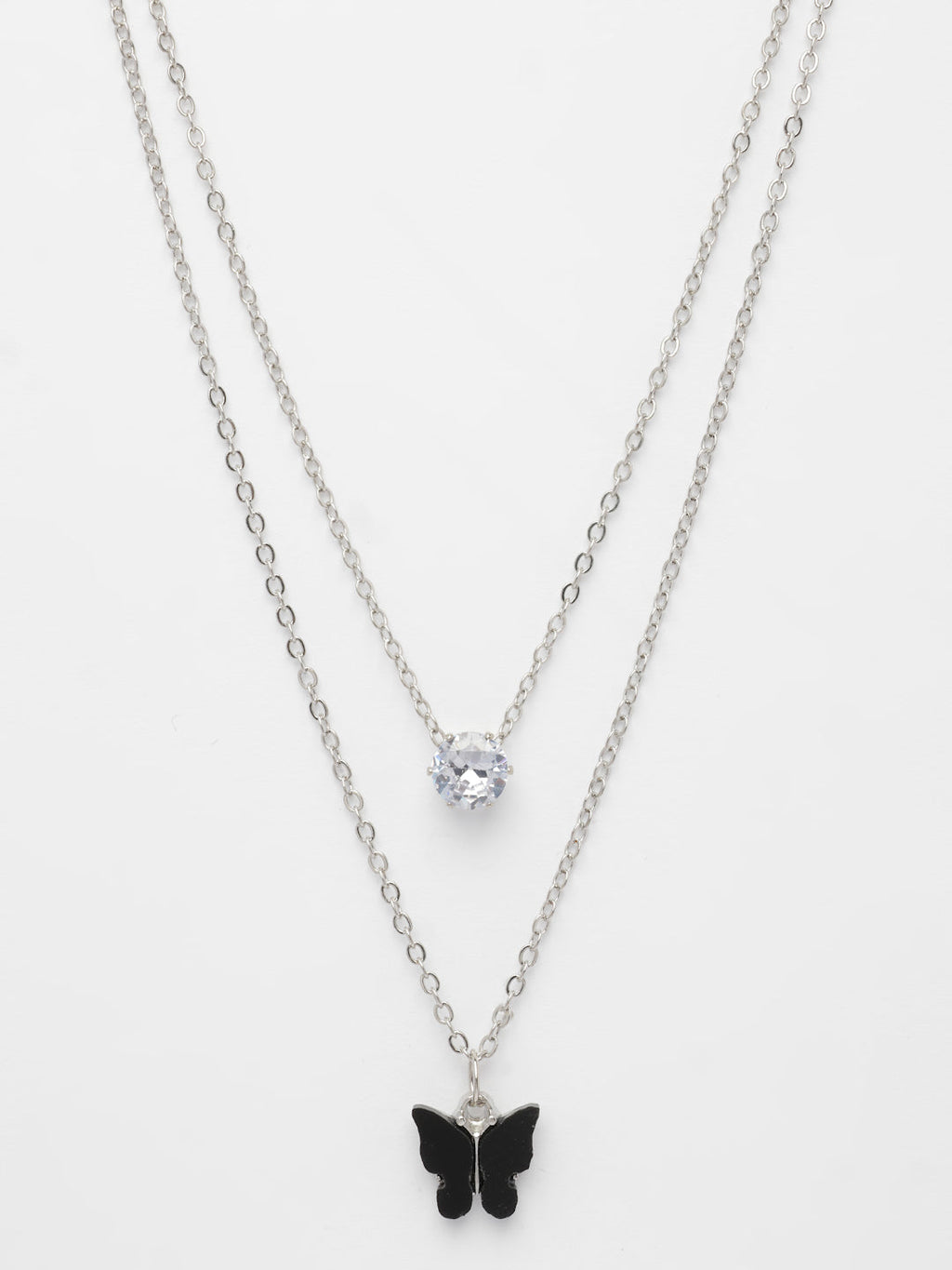NVR Women's Silver-Toned Artificial Stones Butterfly-shaped Layered Chain