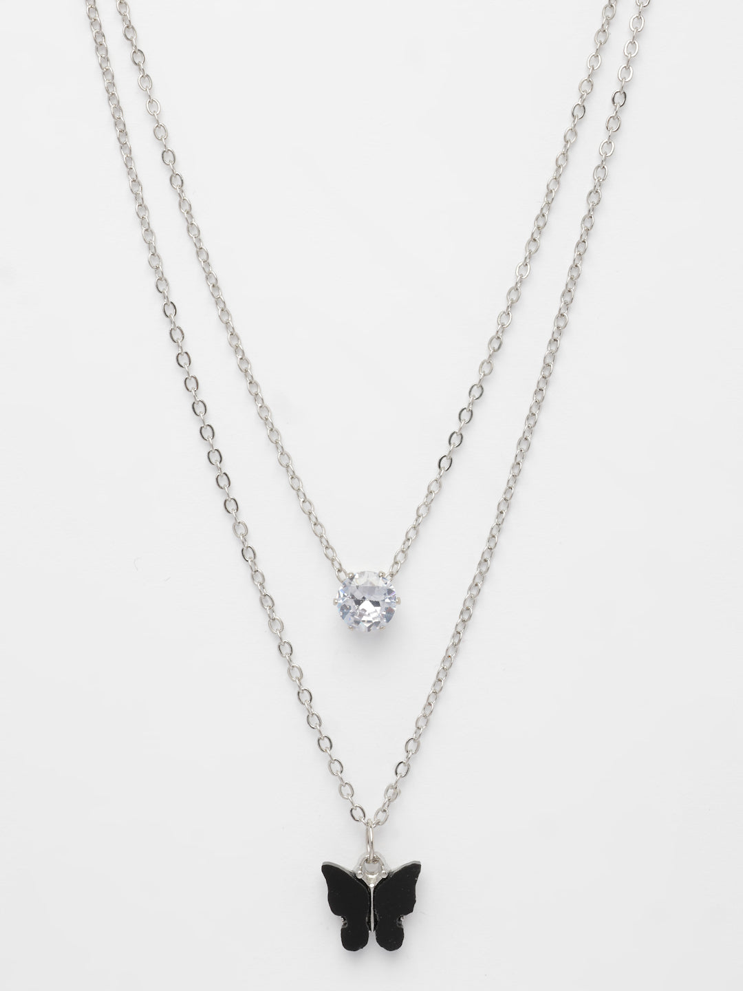 NVR Women's Silver-Toned Artificial Stones Butterfly-shaped Layered Chain