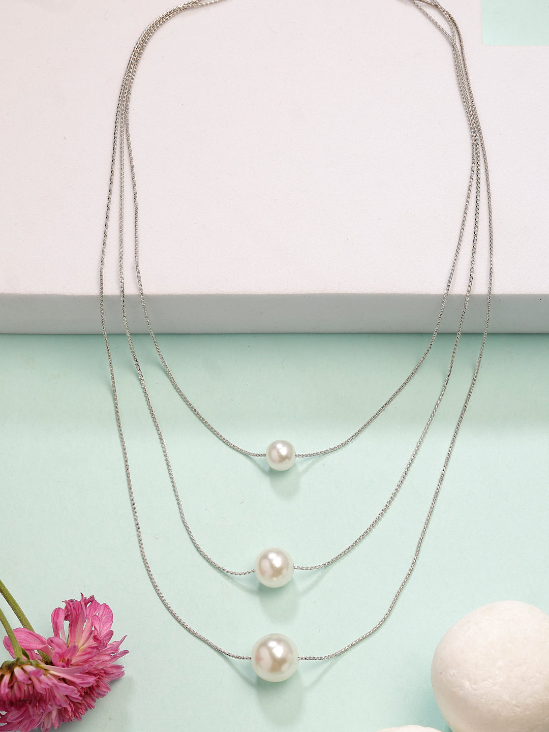 NVR Women's Silver-Plated White Pearl Layered Chain