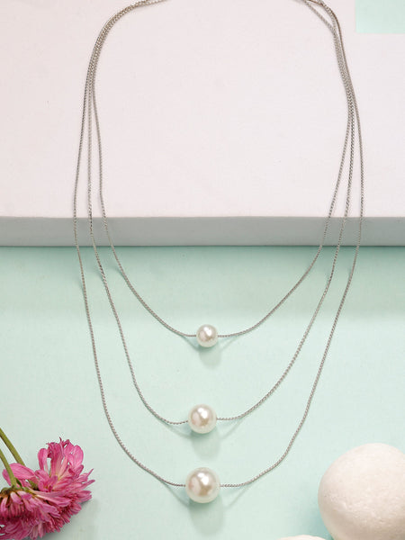 NVR Women's Silver-Plated White Pearl Layered Chain