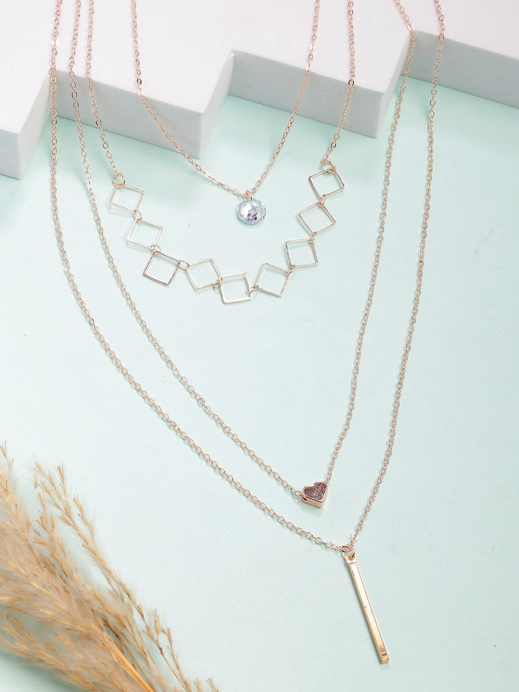 NVR Women's Rose Gold-Polished Artificial Stones Layered Chain