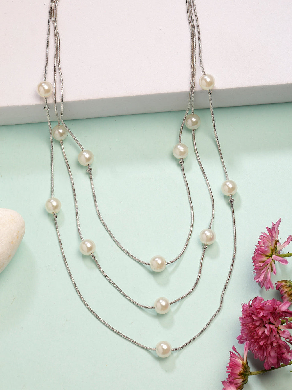 NVR Women's Silver-Plated White Pearls Party Layered Chain - Distacart