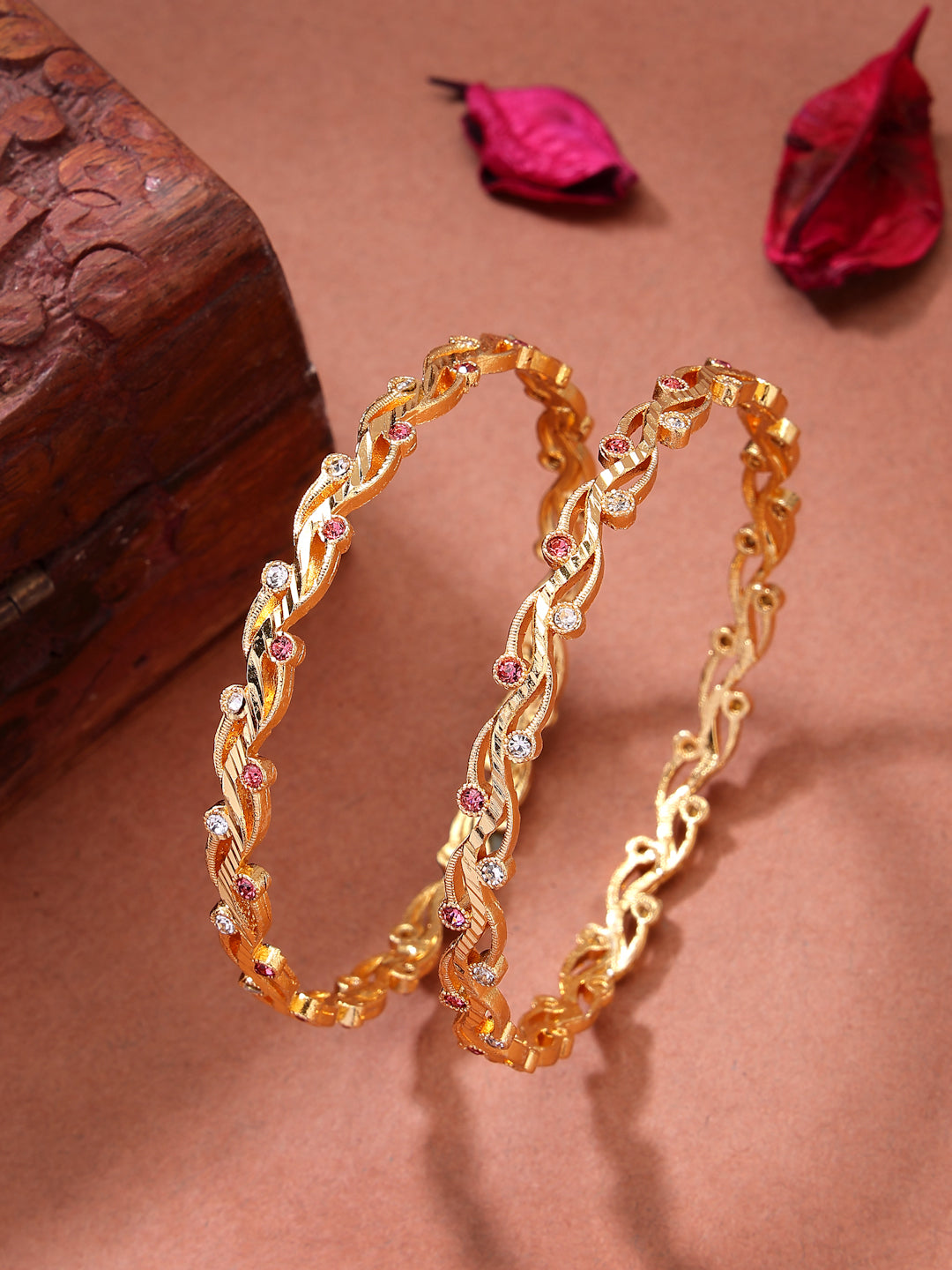 NVR Women's Set of 2 Gold-Polished Cubic Zirconia Stone Studded Bangles - Distacart