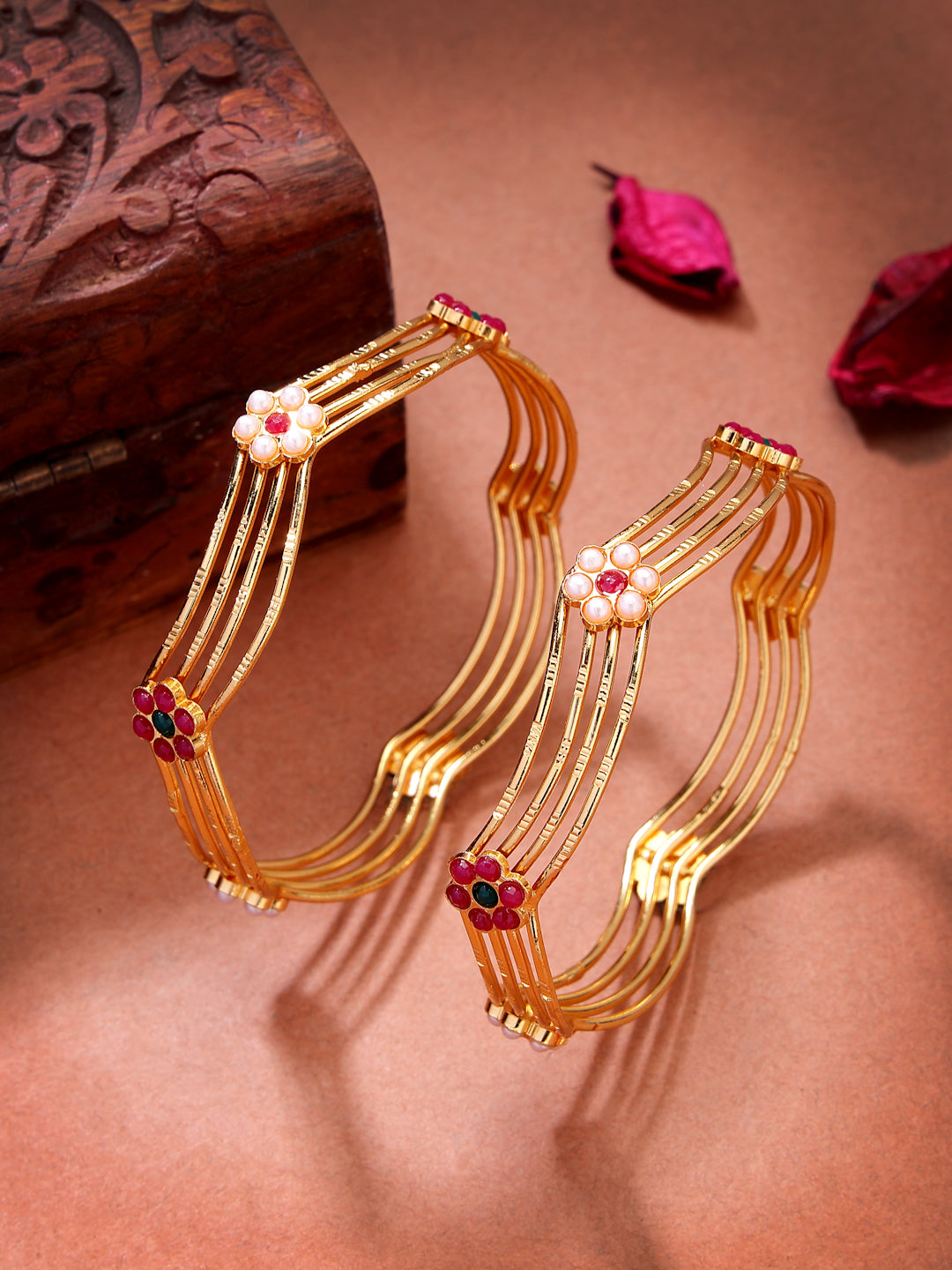 NVR Women's Set of 2 Gold-Polished Artificial Stones Traditional Bangles - Distacart