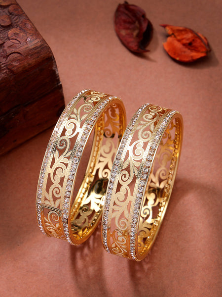 NVR Women's Set of 2 Gold-Polished Cubic Zirconia Stone Studded Kada Bangles