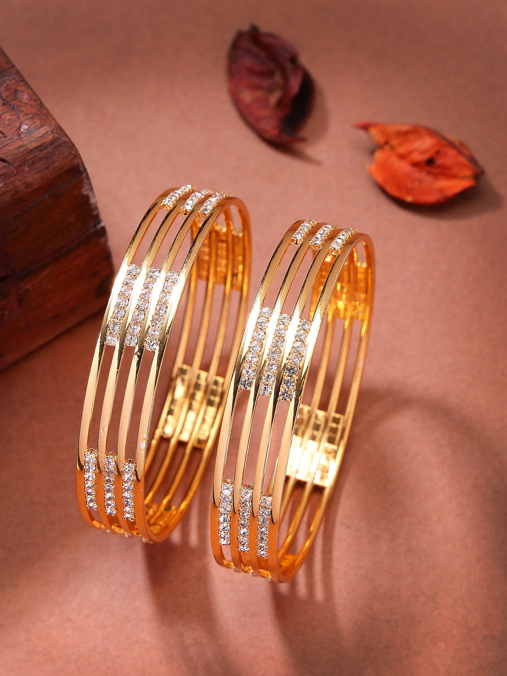 NVR Women's Set of 2 Gold-Polished Cubic Zirconia Stone Studded Bangles - Distacart