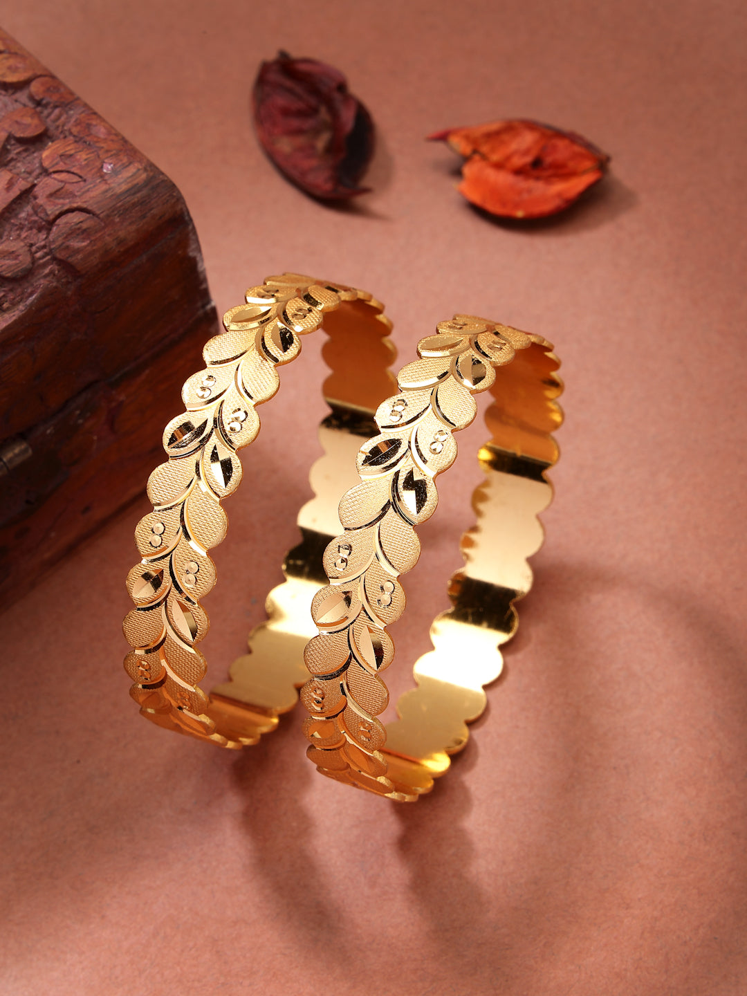 NVR Women's Set of 2 Gold-Polished Leaf Shaped Kada Bangles - Distacart