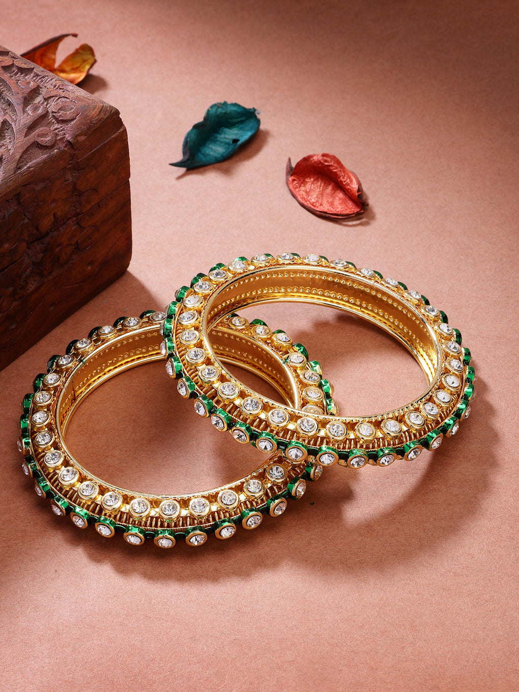 NVR Women's Set of 2 Gold-Polished Kundan Studded Bangles - Distacart