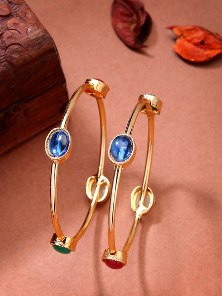 NVR Women's Set of 2 Gold-Polished Artificial Stone Studded Bangles