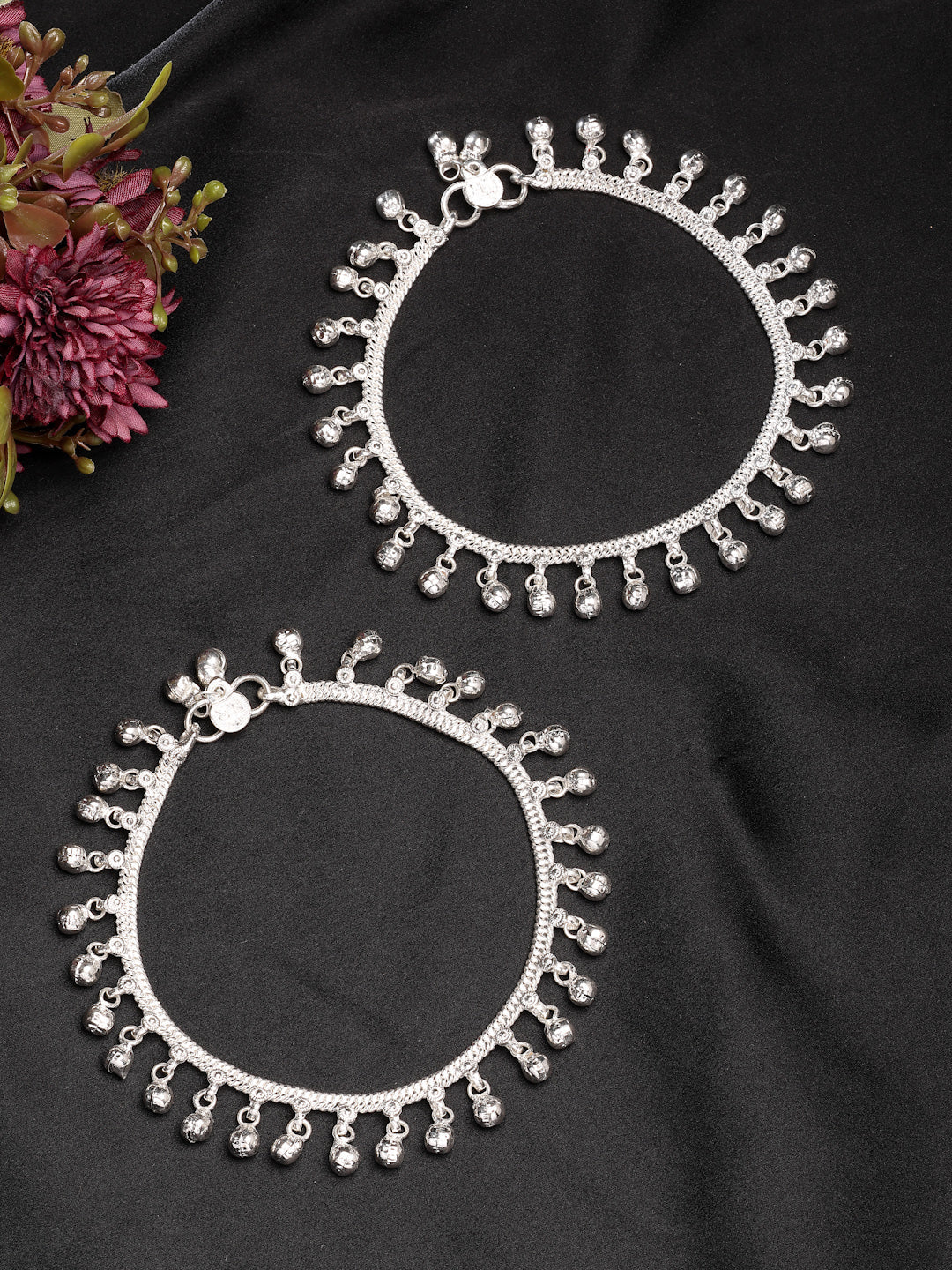 NVR Women's Set of 2 Silver-Plated Ghungroo-Beaded Anklets