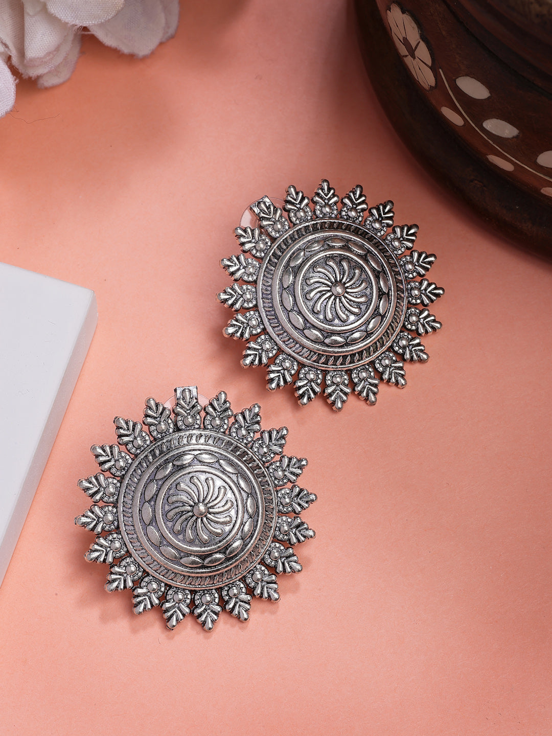 NVR Women Silver Plated Oxidized Circular Shape Stud Earrings - Distacart