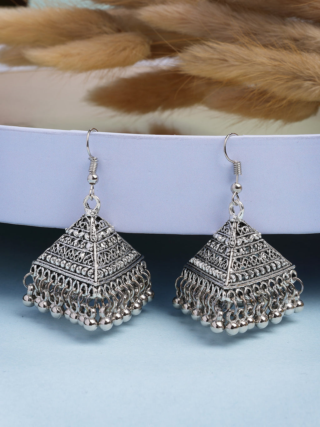 NVR Women's Triangular Shaped Hook Silver Plating Oxidized Jhumka Earrings - Distacart