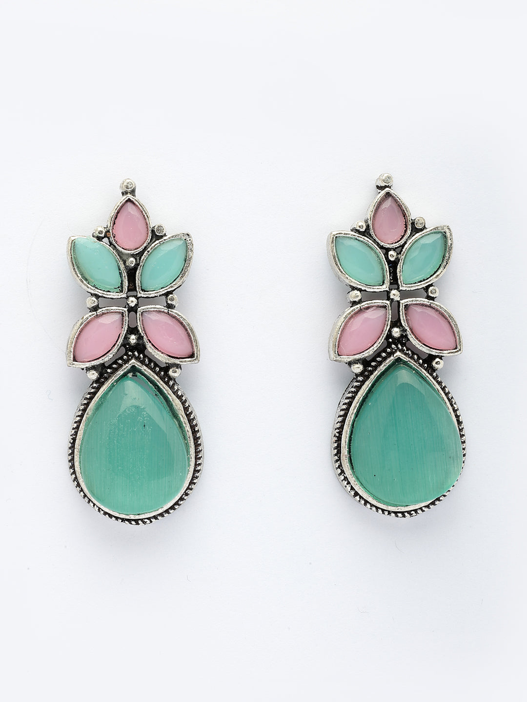 NVR Women Green & Pink Artificial Stones Silver Plated Drop Earrings - Distacart