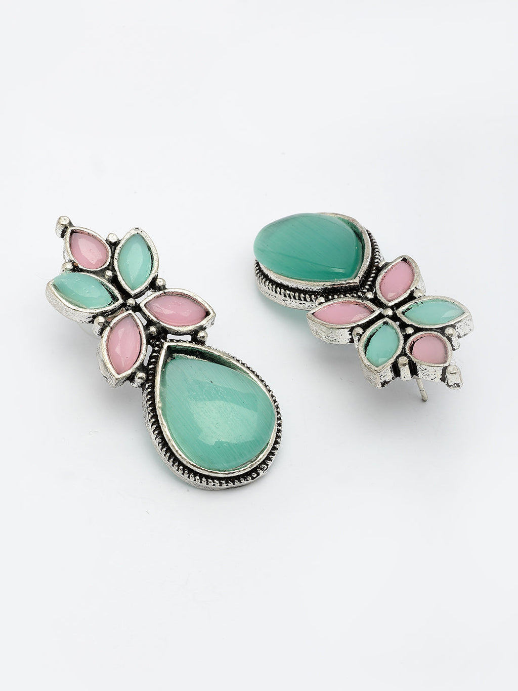 NVR Women Green & Pink Artificial Stones Silver Plated Drop Earrings - Distacart