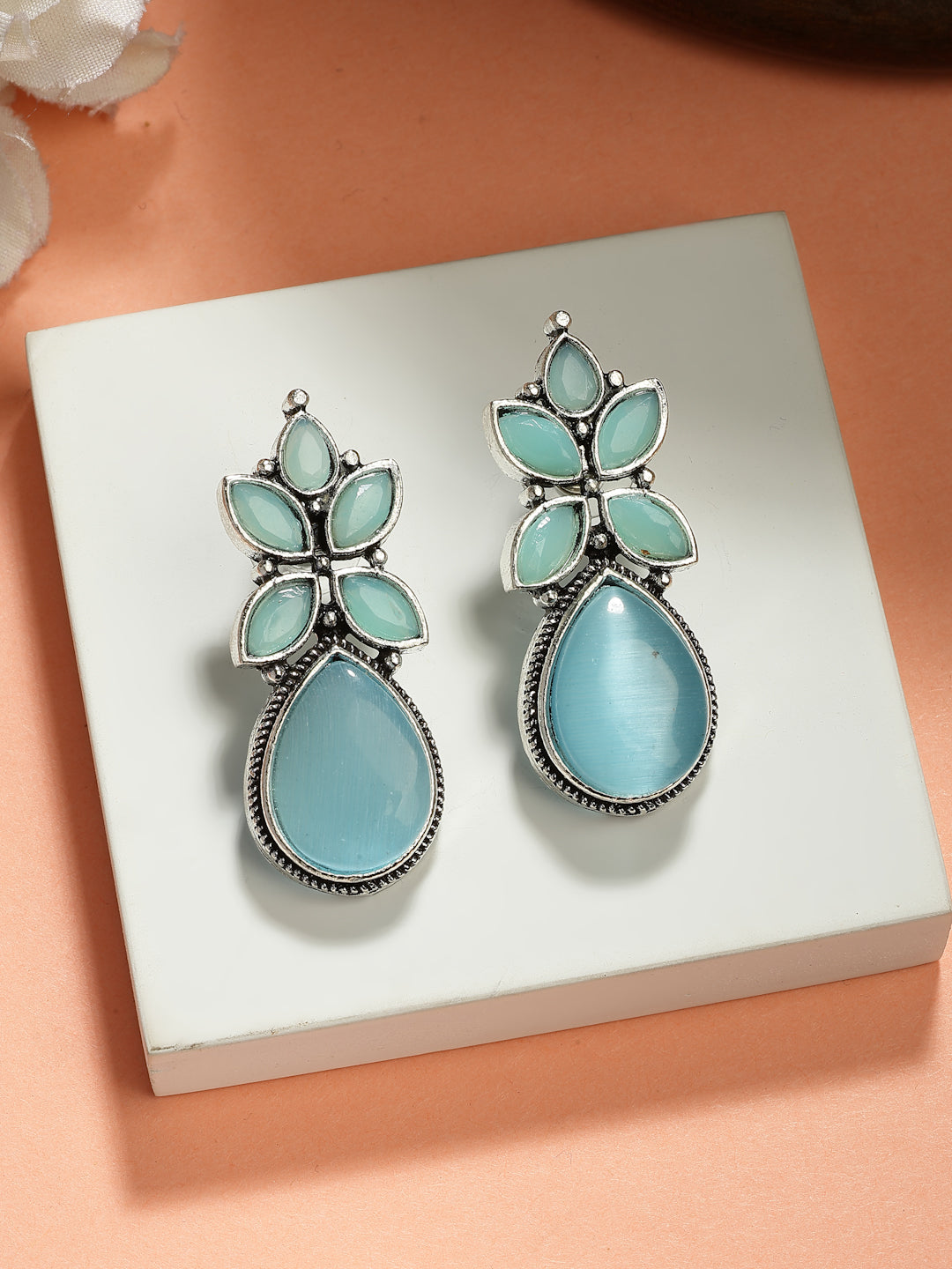 NVR Women Blue Artificial Stones Silver Plated Drop Earrings - Distacart